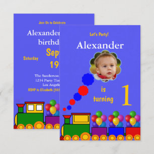 Train and balloons 1st birthday  photo invitation