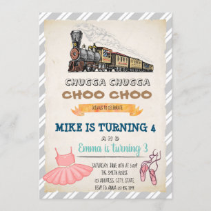 Train and tutu joint birthday invitation