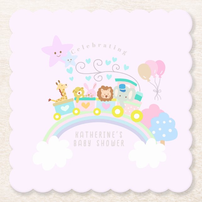 Train Animals Baby Pastel Pink Paper Coaster (Front)