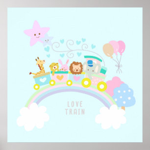 Train Animals Blue Poster
