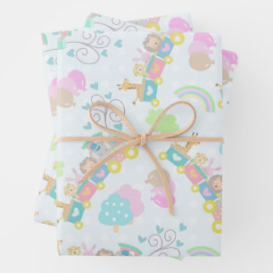 Train Animals Blue Wrapping Paper Sheet