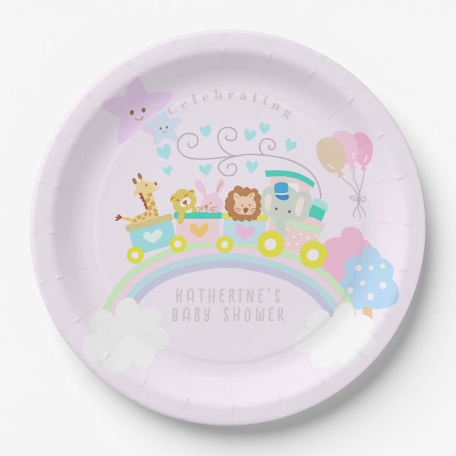 Train Animals Pastel Baby Pink Paper Plate (Front)