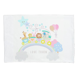 Train Animals Pastel White Pillowcase