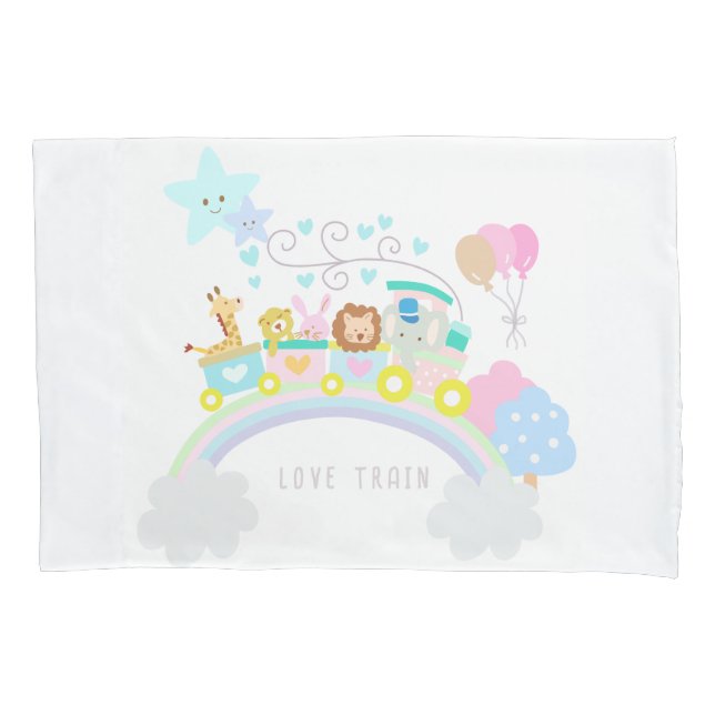 Train Animals Pastel White Pillowcase (Front)