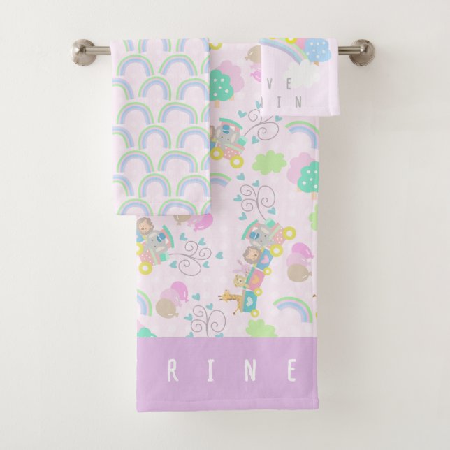 Train Animals Pink Baby Blanket Bath Towel Set (Insitu)