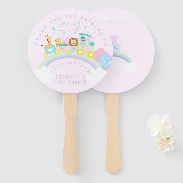 Train Animals Pink Hand Fan (Front and Back)