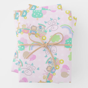 Train Animals Pink Wrapping Paper Sheet