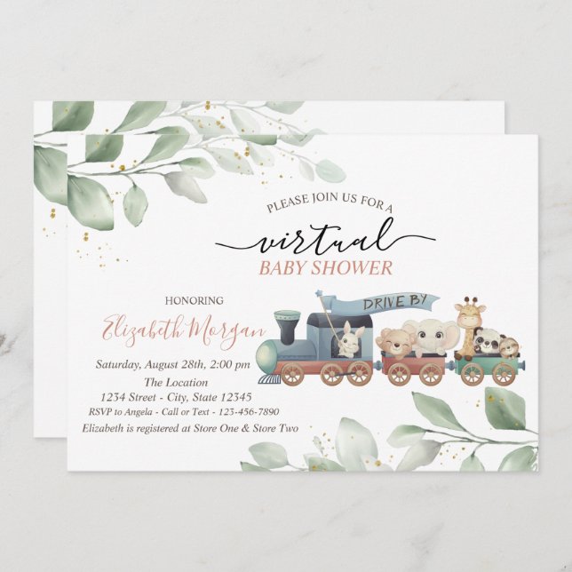 Train Animals Virtual Drive By Baby Shower Invitation (Front/Back)