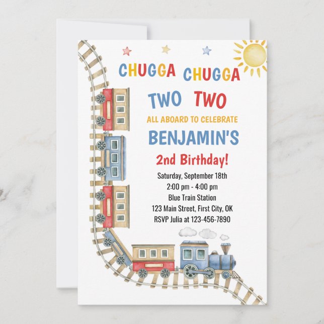Train Birthday invitation Chugga Choo Boy Blue Red (Front)