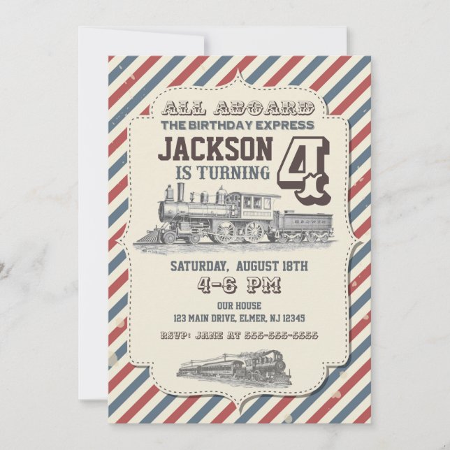 Train Birthday Invitation Vintage Invites (Front)