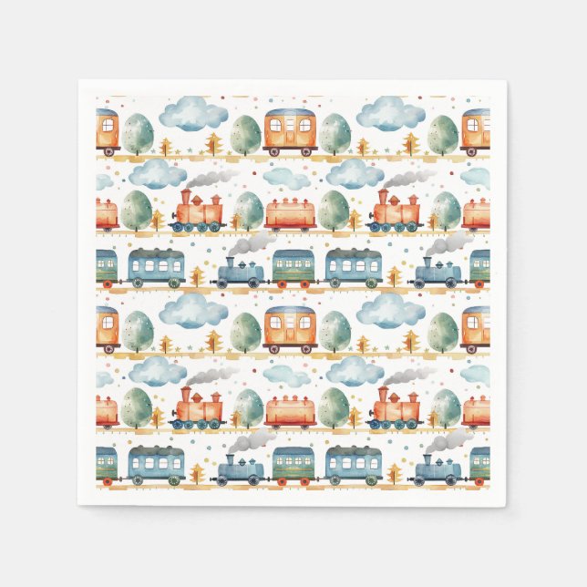 Train Birthday Party Baby Shower Watercolor Napkin (Front)