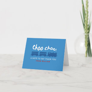 Train birthday party blue red personalised thank you card