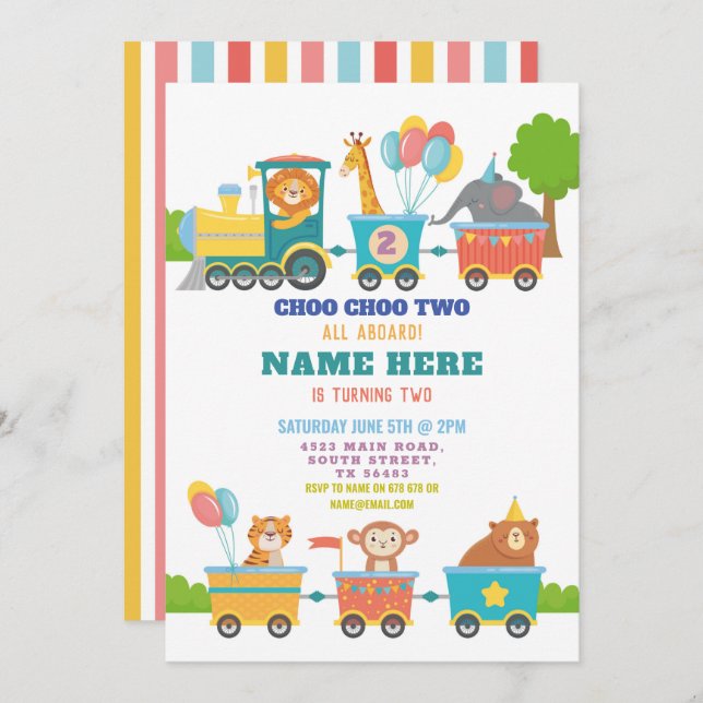 Train Birthday Party Choo Two Animal  Invitation (Front/Back)