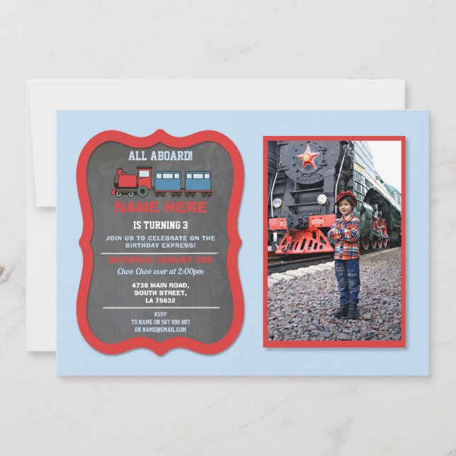 Train Birthday Party Railway Station Trains Photo Invitation (Front)