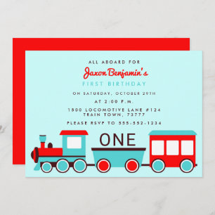 Train Birthday Party Red and Blue Invitation