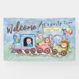 Train Birthday Photo watercolor Banner