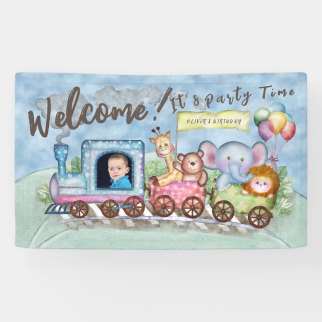 Train Birthday Photo watercolor Banner (Horizontal)