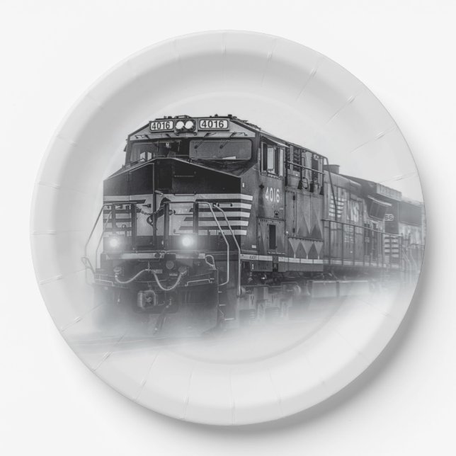 Train Black and White train tracks Paper Plate (Front)