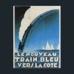 Train Bleu Cote D'Azur French Art Deco Travel Postcard<br><div class="desc">Reproduction of vintage travel poster for "Le Nourveau Train Bleu Vers La Cote D'Azur."  Circa 1928,  great Art Deco style in blues,  black and white.</div>