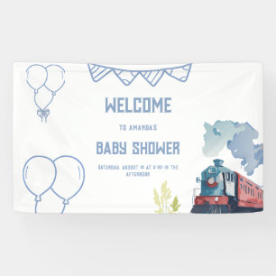 Train Blue Balloons Boy Whimsical Baby Shower Banner