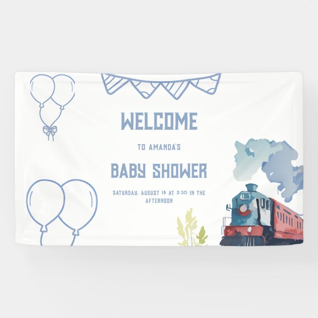Train Blue Balloons Boy Whimsical Baby Shower Banner (Horizontal)