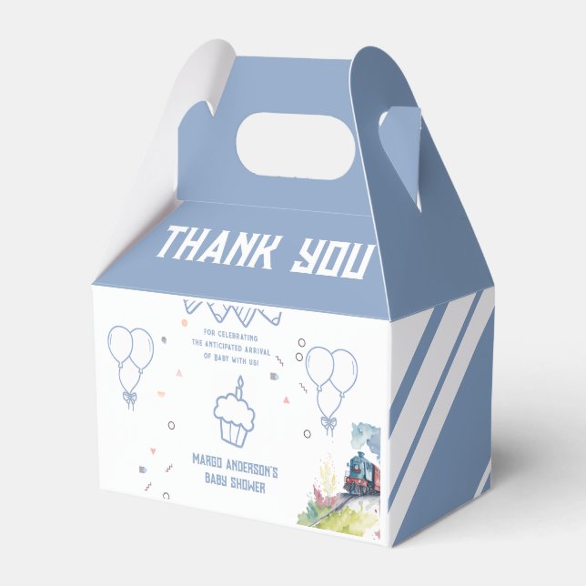Train Blue Balloons Boy Whimsical Baby Shower Favour Box (Front Side)