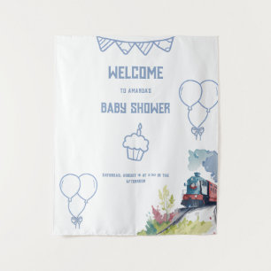 Train Blue Balloons Boy Whimsical Baby Shower Tapestry