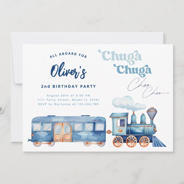 Train Blue Chuga Chuga Choo Choo Modern Birthday Invitation (Front)