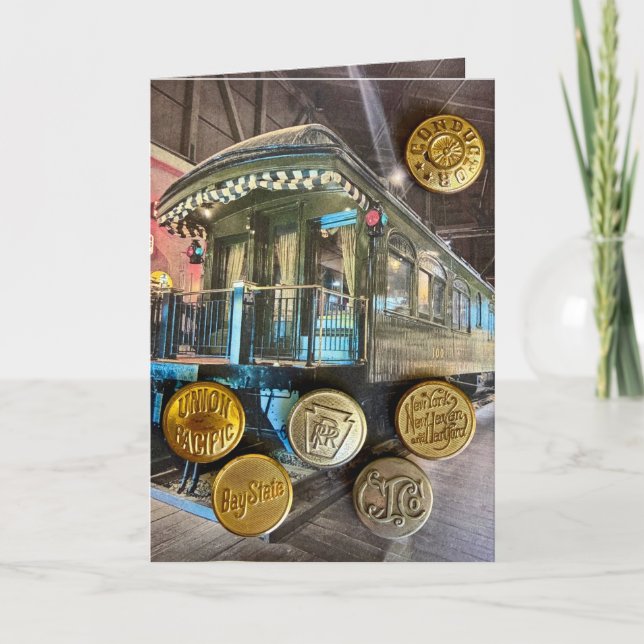Train button railroad postcard (Front)