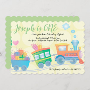 Train Caboose Yellow Green First Birthday Invitation
