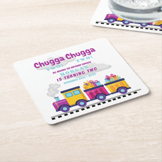 Train Chugga Choo Cartoon Second Birthday  Square Paper Coaster (Angled)