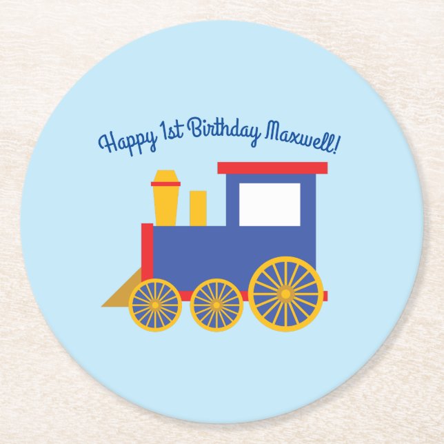 Train Cute Choo-Choo 1st Birthday Party Theme Round Paper Coaster (Front)