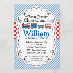 Train Engine, Baby Blue Stripes Red Polka Dots Invitation