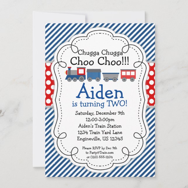 Train Engine, Blue Stripes Red Polka Dot Birthday Invitation (Front)