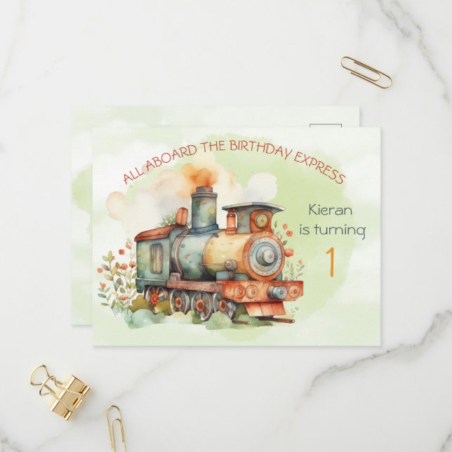 Train Engine Boy 1st. Birthday Invitation postcard (Front/Back In Situ)