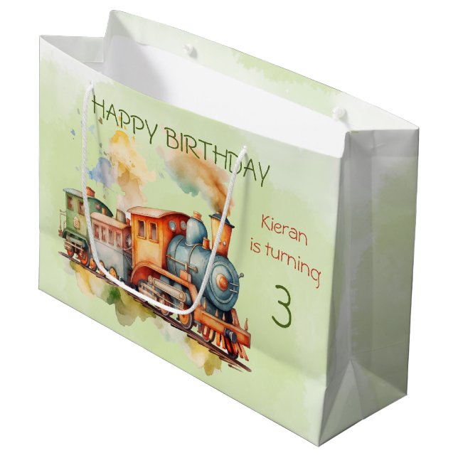 Train Engine Boy 3rd. Birthday Large Gift Bag (Front Angled)