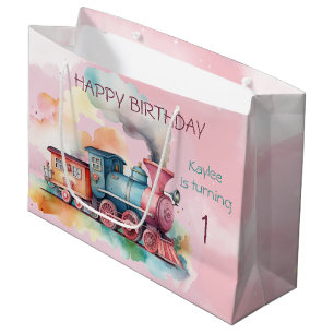 Train Engine Girl 1st Birthday  Large Gift Bag