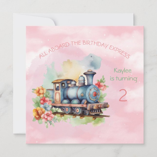 Train Engine Girl 2nd Birthday Invitation (Front)