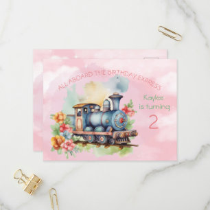 Train Engine Girl 2nd Birthday Invitation postcard