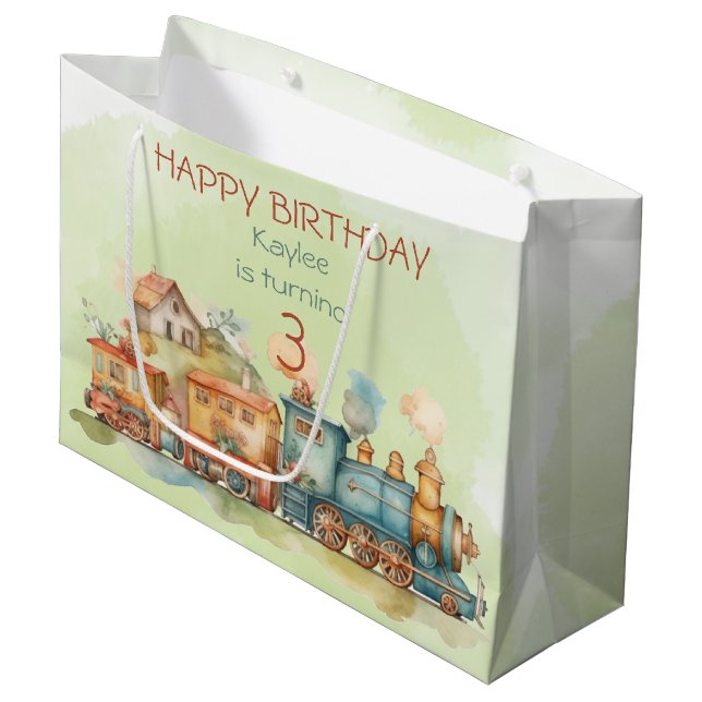 Train Engine Girl 3rd Birthday  Large Gift Bag (Front Angled)
