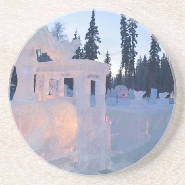 train engine Ice sculpture winter frozen snow art Coaster (Front)