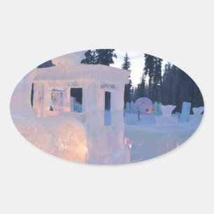 train engine Ice sculpture winter frozen snow art Oval Sticker