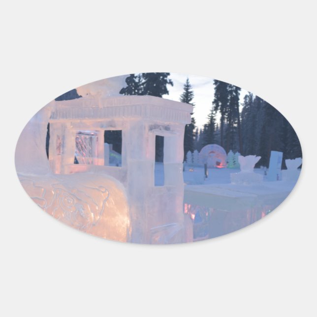 train engine Ice sculpture winter frozen snow art Oval Sticker (Front)