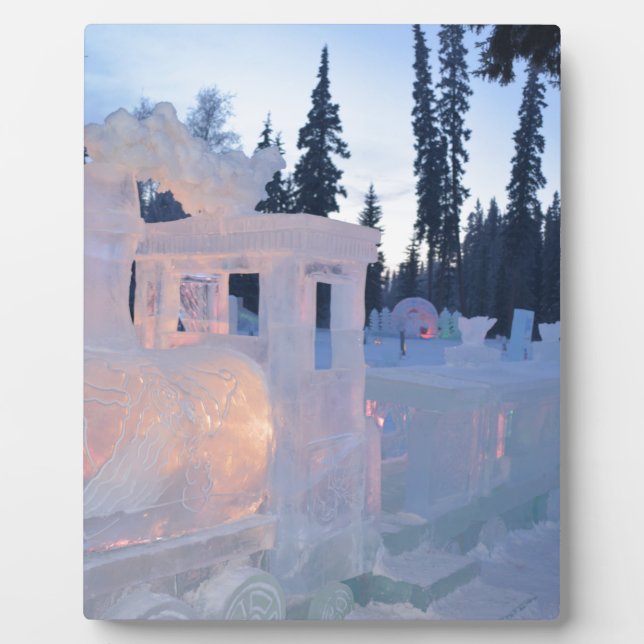 train engine Ice sculpture winter frozen snow art Plaque (Front)