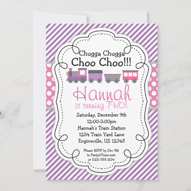Train Engine Purple Stripe Pink Polka Dot Birthday Invitation (Front)