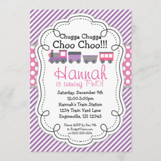 Train Engine Purple Stripe Pink Polka Dot Birthday Invitation