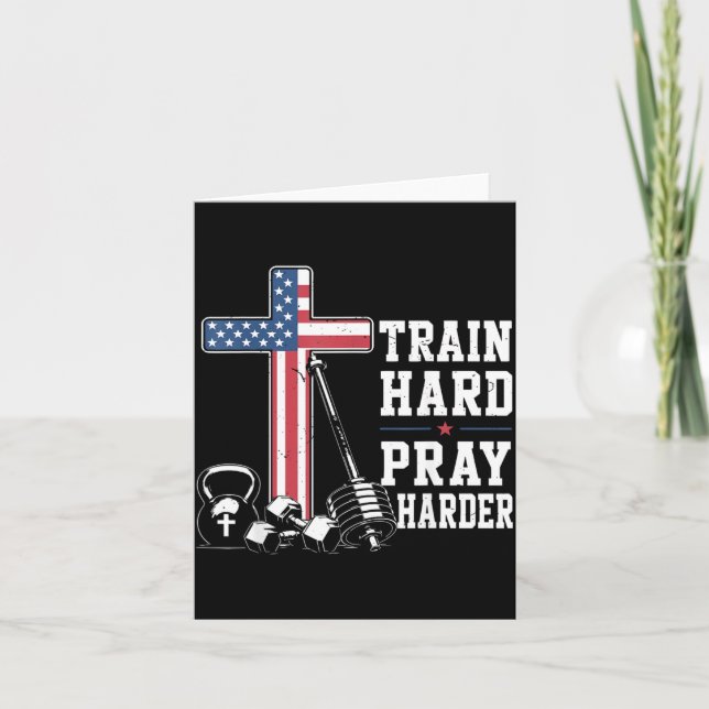 Train Hard Pray Harder Christian Workout Patriotic Card (Front)