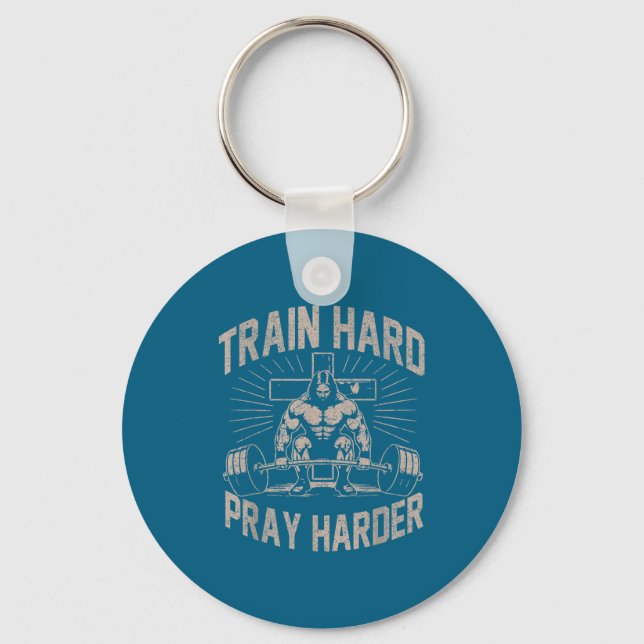 Train Hard Pray Harder Funny Christian Workout Gym Key Ring (Front)