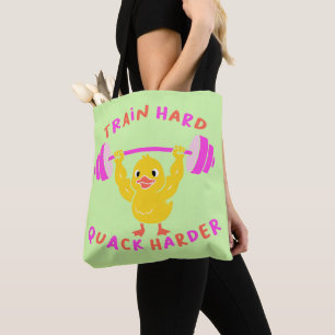 Train Hard Quack Harder Funny Duck Weightlifting  Tote Bag