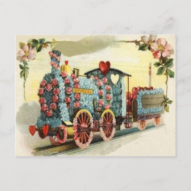 Train Heart Rose Forget-Me-Not Flower Postcard (Front)